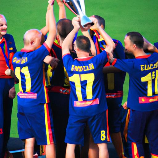 Andres Iniesta cùng đội nhận chiến thắng và nâng cao chiếc cúp.