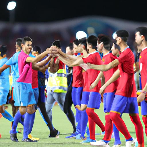 Đội tuyển bóng đá Campuchia bắt tay đối thủ tại Asian Cup