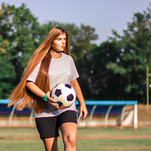 Cầu thủ nữ với mái tóc dài đi bóng trên sân cỏ