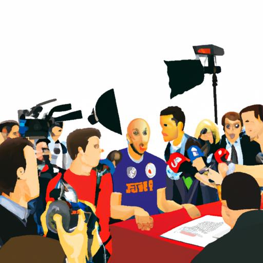 Cầu thủ bị bao vây bởi các nhà báo và phóng viên trong cuộc họp báo