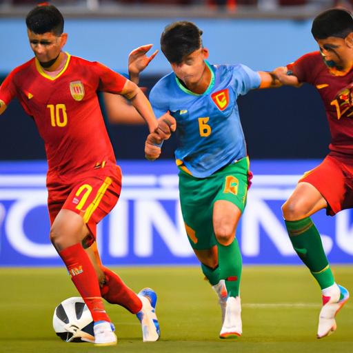 Cầu thủ Việt Nam đi bóng qua hai cầu thủ đối phương tại Asian Cup 2019.