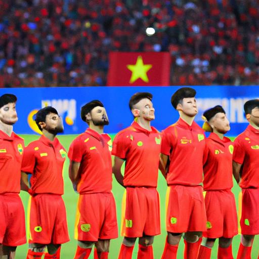 Đội tuyển Việt Nam xếp hàng nghe quốc ca trước trận đấu tại Asian Cup 2019.