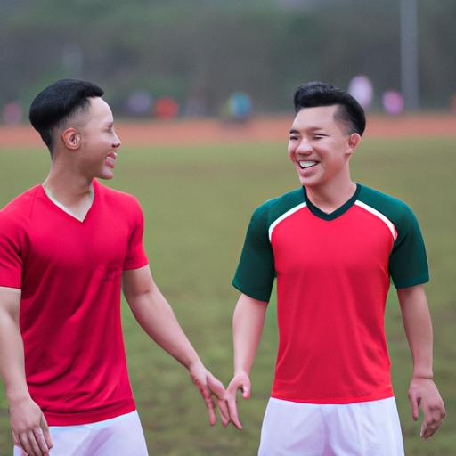Hai cầu thủ Việt Nam điển trai chia sẻ khoảnh khắc vui vẻ trên sân cỏ.