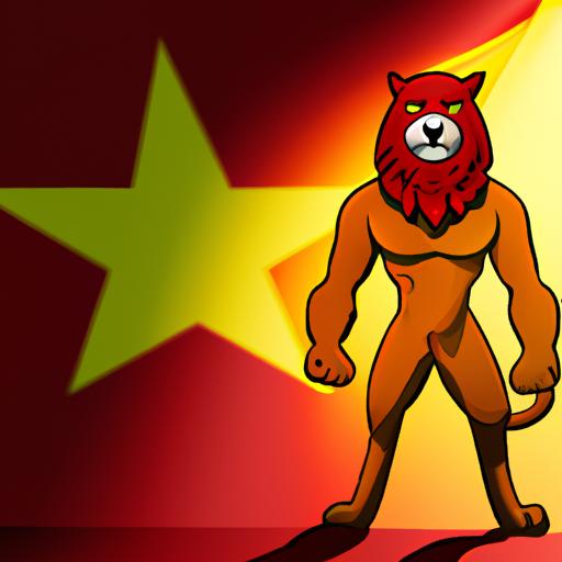 Linh vật Seagame 32 đứng trước quốc kỳ Việt Nam