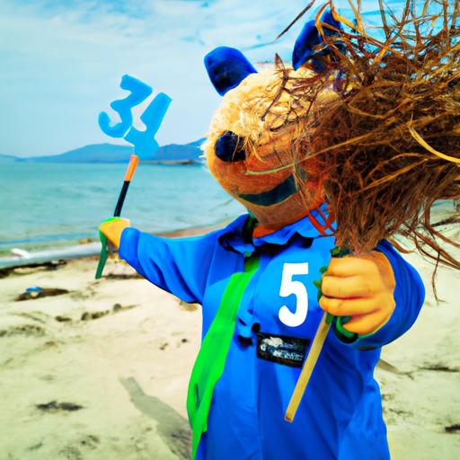 Linh vật Seagame 32 hướng dẫn các tình nguyện viên dọn dẹp bãi biển địa phương
