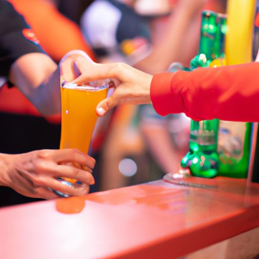 Người phục vụ tại quán cafe xem bóng đá đang pha một cốc bia lạnh cho khách hàng trong không khí náo nhiệt của các CĐV.