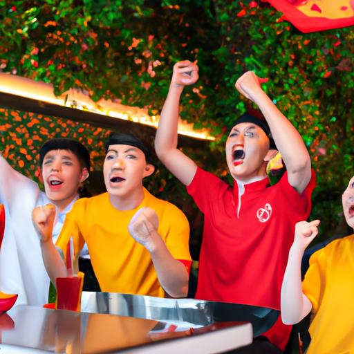 Nhóm bạn vui vẻ ăn mừng chiến thắng của đội bóng mình yêu thích tại quán cafe xem bóng đá sôi động.