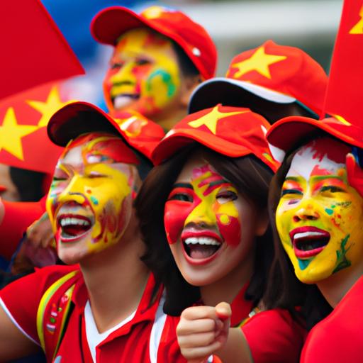 Một nhóm người hâm mộ Việt Nam với mặt vẽ màu quốc kỳ cổ vũ cho đội tuyển của mình tại Asian Cup 2023.