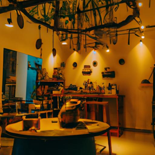 Phong cách thiết kế nội thất quán cafe xem bóng đá giản dị và ấm cúng với trang trí cổ điển và ánh sáng mờ.