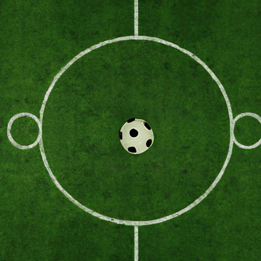 Góc chụp trên cao của sân bóng đá với quả bóng nằm giữa vòng tròn trung tâm