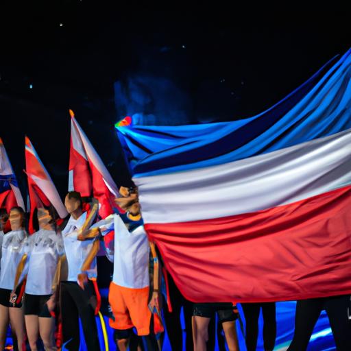 Một nhóm các vận động viên trẻ tuổi cầm cờ quốc gia của mình trong lễ khai mạc.